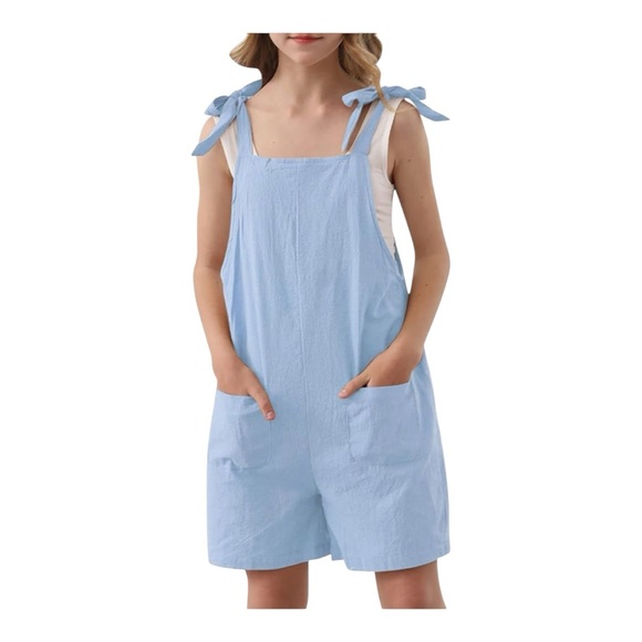 Girls Romper Sleeveless Adjustable Tie Up Strap Short Jumpsuit - Picture 1 of 5